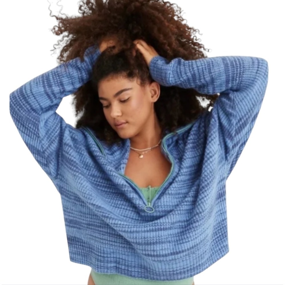 AERIE Blue Striped QUARTER ZIP SWEATER Green Zipper OVERSIZED Cozy Soft Fuzzy L